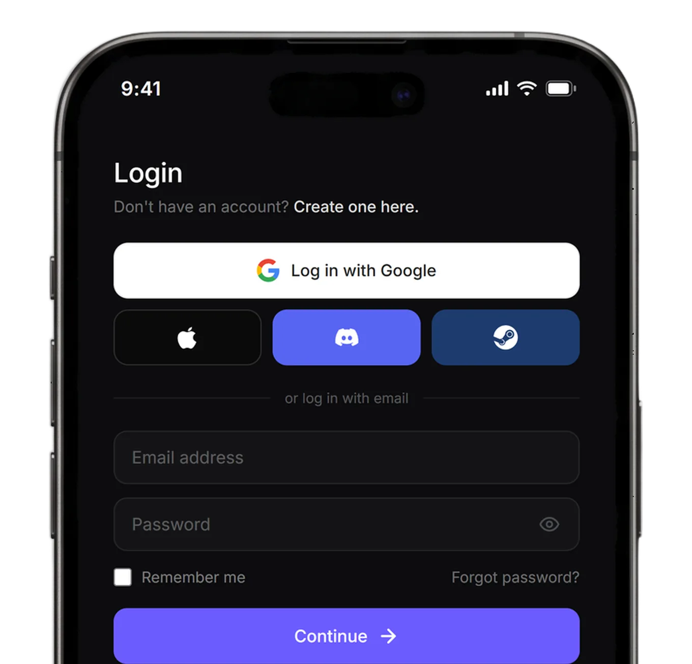 The redesigned GodOfBoost sign-in screen on iPhone — log in with Google, Apple, Discord, Steam or email